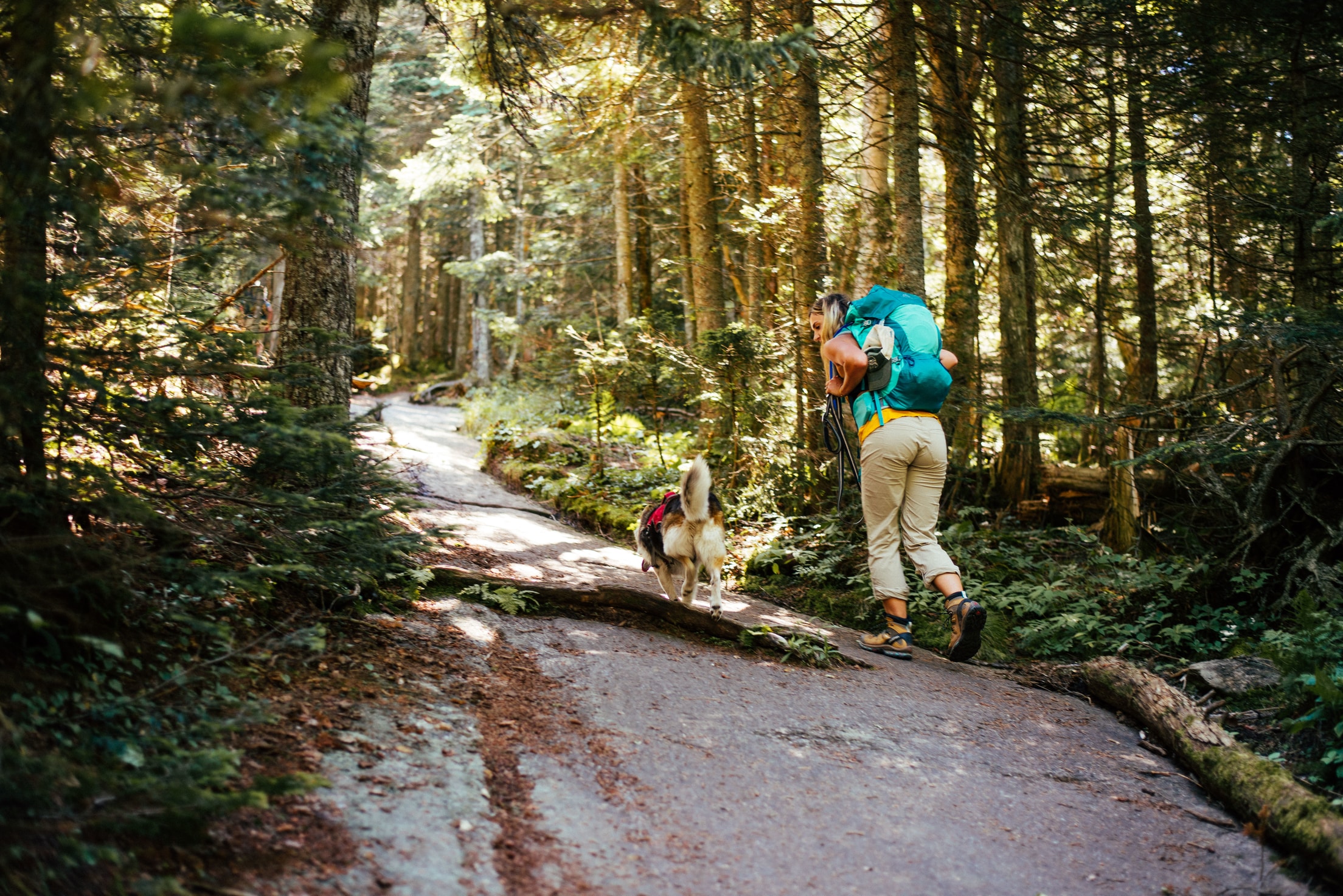 woman hiking with her dog in the Adirondacks