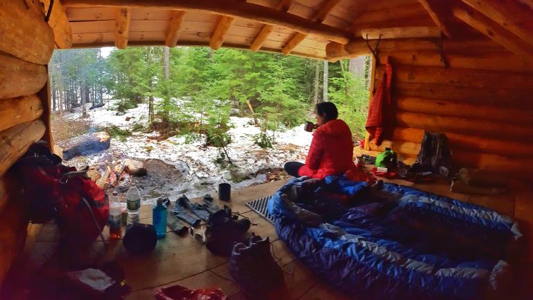 winter camping in a lean-to in the Adirondacks