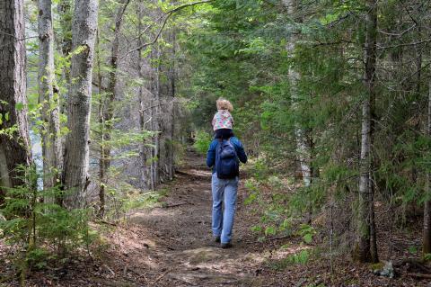 man with little girls on his shoulders hiking in the summer